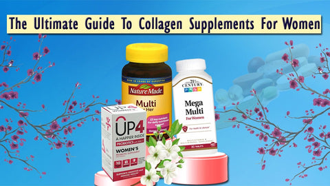 Image of four collagen supplement products with overlay text reading 'Guide to collagen supplements for women'.
