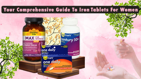 Three different iron tablet products from HerbsPro displayed with a headline: 'Guide to Iron Tablets for Women!