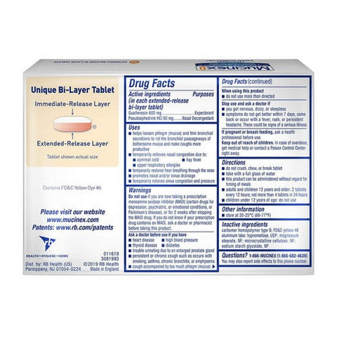 Mucinex, D Expectorant & Nasal Decongestant 12 Hour Extended-Release Bi-Layer Tablets, 36 Tabs Mucinex