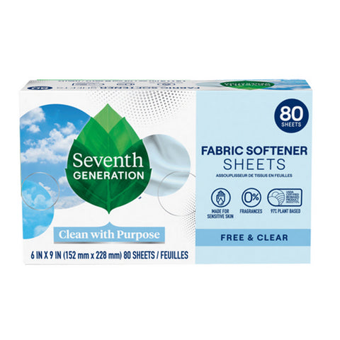 Seventh Generation, Fabric Softener Sheets Free And Clear, 80 Count(Case Of 4)