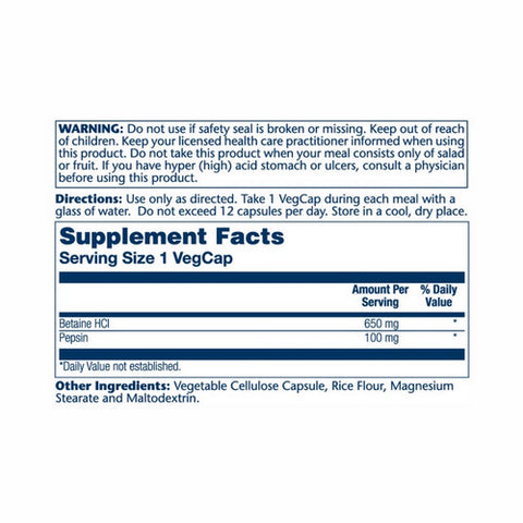 Solaray, High Potency Betaine HCL With Pepsin, 650 Mg, 250 Veg Caps