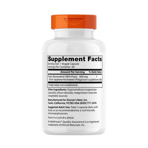 Doctors Best, Trans-Resveratrol, 600 mg, 60 Veggi Caps