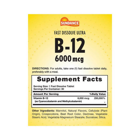 Sundance, Ultra B-12 Fast Dissolve Tablets, 6000 mcg, 30 Tabs