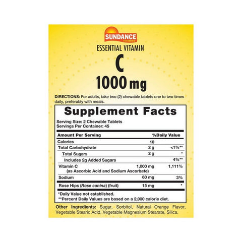 Sundance, Vitamin C Chewable Tablets Natural Orange Flavor, 500 mg, 90 Tabs