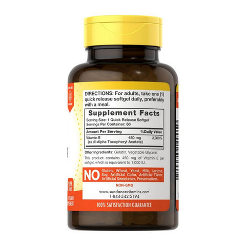 Sundance, Vitamins High Potency E Vitamin Quick Release Softgels, 1000 IU, 60 Caps