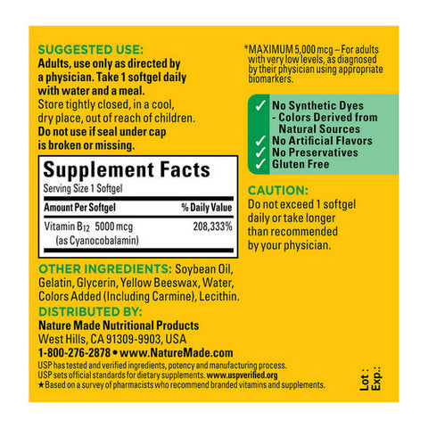 Nature Made, Vitamin B12, 5000mcg, 60 Soft gels
