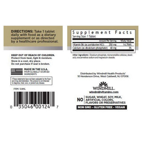 Windmill Health, Vitamin B-6, 250mg, 60 Tabs Windmill Health