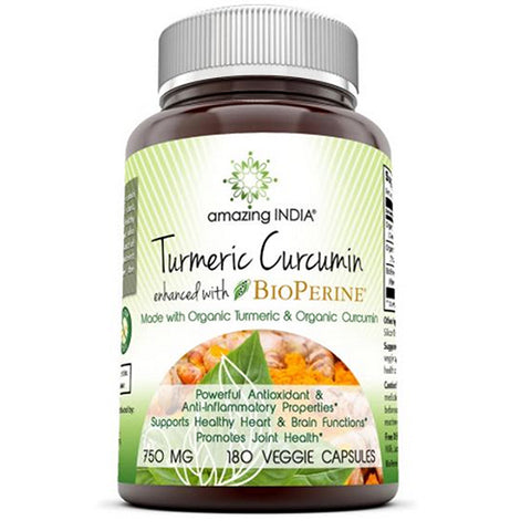 Amazing Nutrition, Amazing India Turmeric Curcumin with Bioperine, 750 mg, 180 Veg Caps