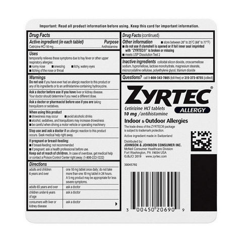 Neutrogena, Zyrtec Allergy Cetirizine HCI, 10 mg, 90 Tabs