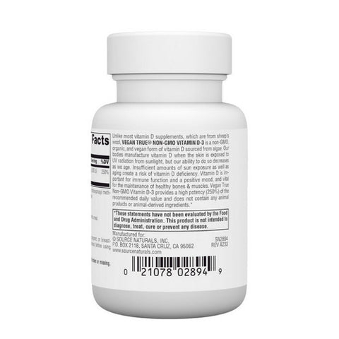 Source Naturals, Vegan True Non-GMO Vitamin D-3, 2,000 IU, 60 VegCaps