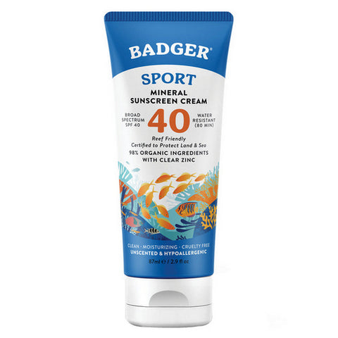 Badger Balm, SPF 40 Sport Mineral Sunscreen Cream, 2.9 Oz
