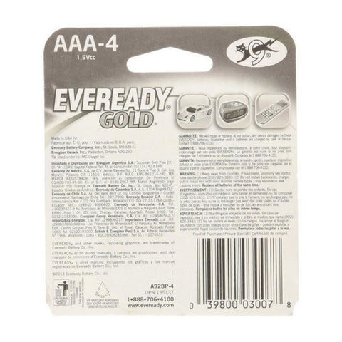 Eveready, Gold Alkaline Batteries AAA, 4 Each