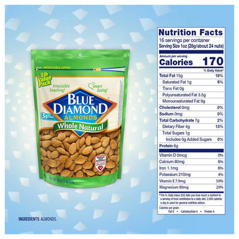 Blue Diamond, Whole Natural Almonds, 16 Oz(Case Of 6)