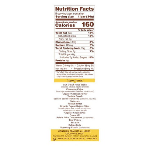 Simple Mills, Soft Baked Almond Flour Bars Peanut Butter Chocolate Chip, 5.99 Oz (Case Of 6)