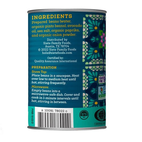 Siete, Organic Beans Vegan Refried Pinto Beans, 16 Oz (Case Of 12) Siete