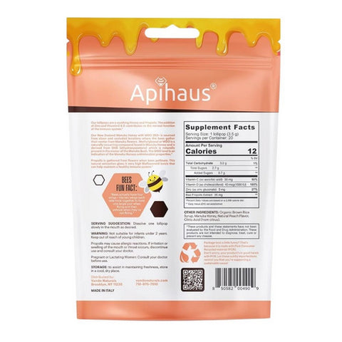 Apihaus, Manuka Honey & Propolis Lollipops Peach, 20 Lozenges