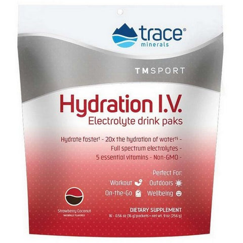 Trace Minerals, Hydration I.V. Electrolyte Drink Paks Strawberry Coconut Flavor, 16 Packets