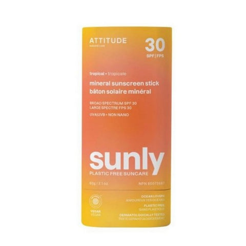 Attitude, Tropical Mineral Sunscreen Stick SPF 30 Sunly Plastic Free, 2.1 Oz