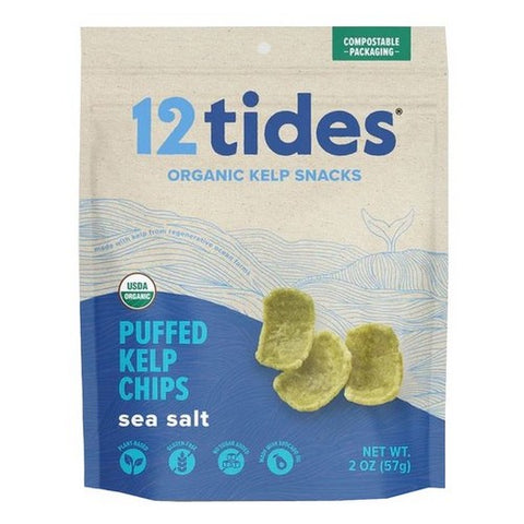 12 Tides, Organic Puffed Kelp Chips Sea Salt, 2 Oz (Case of 8)