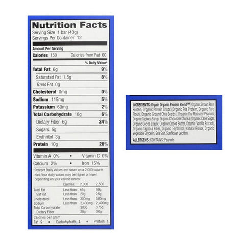 Orgain, Organic Protein Bar Peanut Butter Chocolate Chunk, 1.41 Oz (Case Of 12)