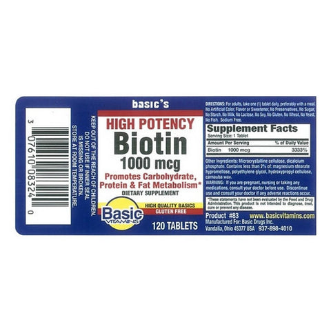 Basic Vitamins, Biotin, 1000 Mcg, 120 Tablets