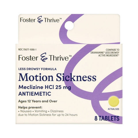 Foster And Thrive, Less Drowsy Motion Sickness Meclizine Hcl, 25 Mg, 8 Tabs