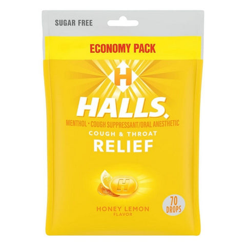 Halls, Cough And Throat Drops Sugar Free Honey Lemon Flavor, 70 Count