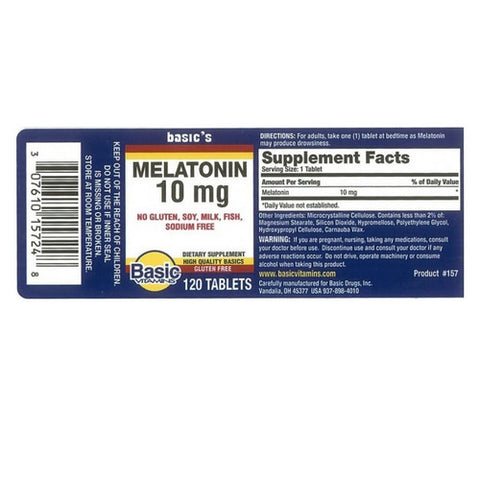 Basic Vitamins, Melatonin Tablets, 10 Mg, 120 Count