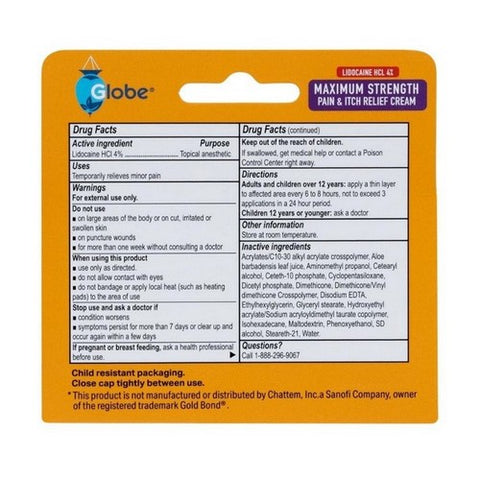 Globe, Lidocaine HCL 4% Multi Symptom Relief Cream, 49.6 Grams