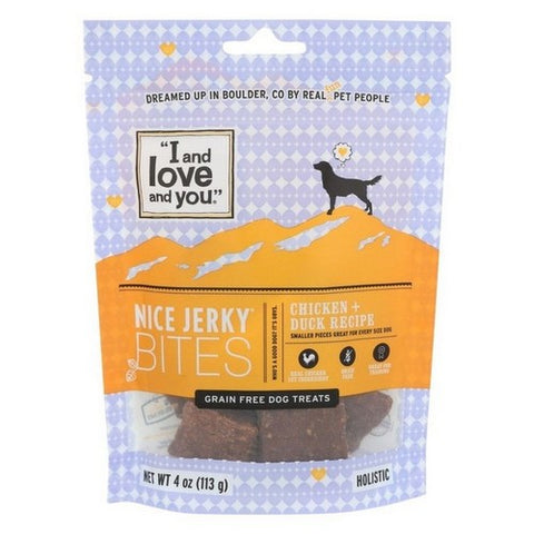 I And Love And You, Nice Jerky Bites Dog Treats Chicken Plus Duck, 4 Oz (Case Of 6)