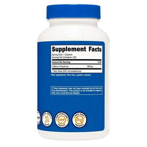 Nutricost, Caffeine Capsules, 200 Mg, 250 Count