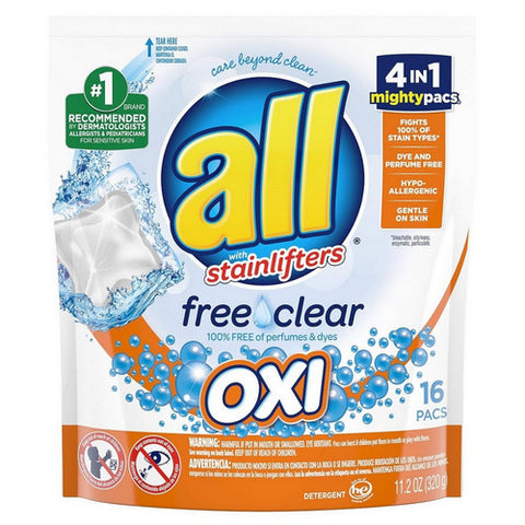 Stainlifters Free Clear Oxi 4 In 1 Mighty Pacs Laundry Detergent 16 Count (Case Of 6) by All