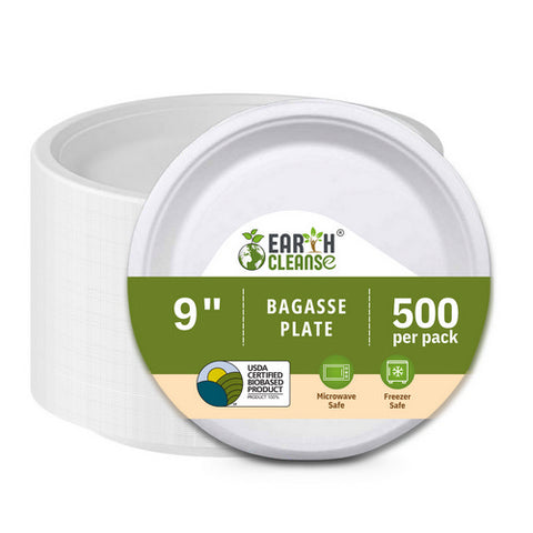 9" Round Bagasse Plates Premium 500 Pack by Earth Cleanse