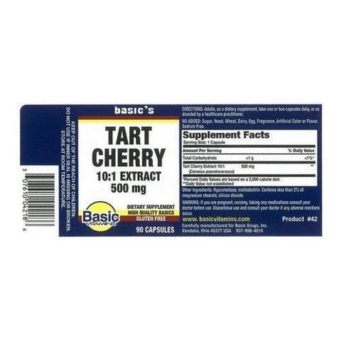 Basic Vitamins, Tart Cherry 10:1 Extract, 500 Mg, 90 Caps Basic Vitamins