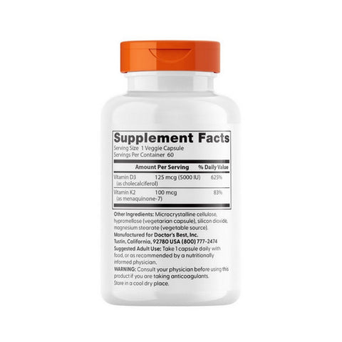 Doctors Best, Vitamin D3 + K2 MK-7, 125 (mcg) 5000 IU, 60 Veggie Caps