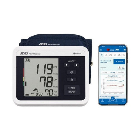 A & D, Bluetooth Upper Arm Blood Pressure Monitor With Voice Guidance, 1 Each