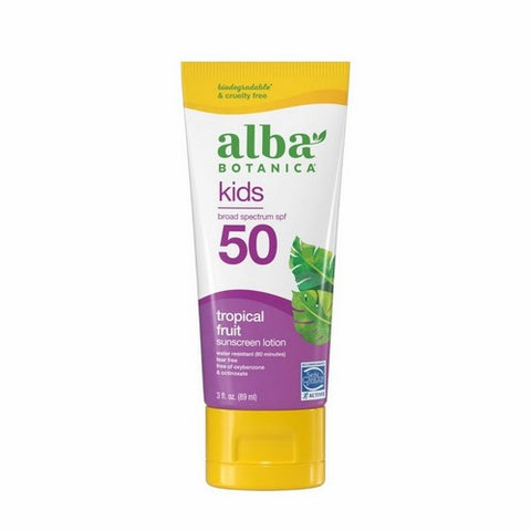 Alba Botanica, Kids Sunscreen Lotion SPF 50 Tropical Fruit, 3 Oz