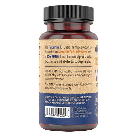 Deva Vegan Vitamins, Vegan Vitamin E With Mixed Tocopherols, 400 IU, mixed tocopherols 90 vcaps